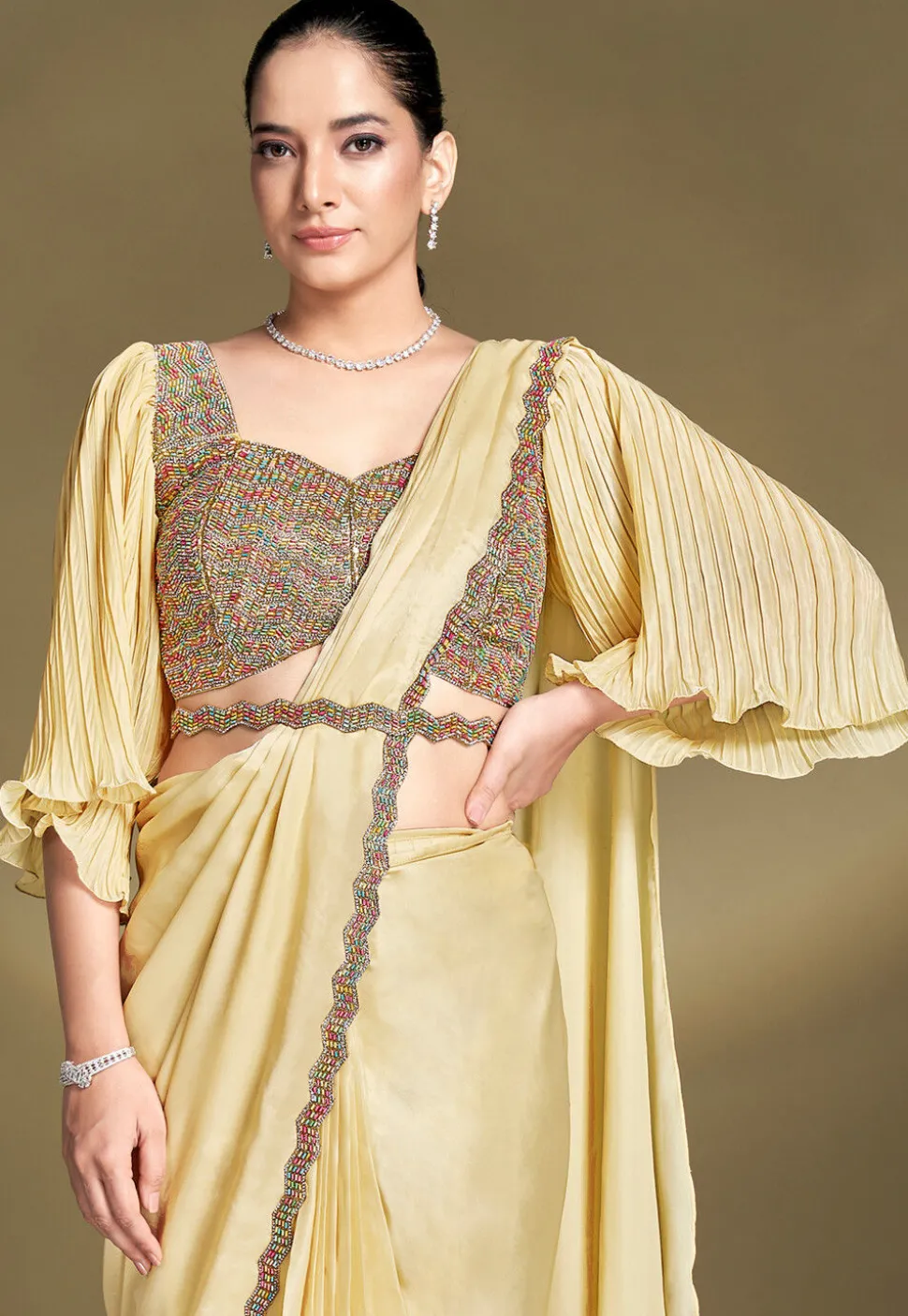 Pre Stitched Satin Silk Scalloped Saree in Yellow