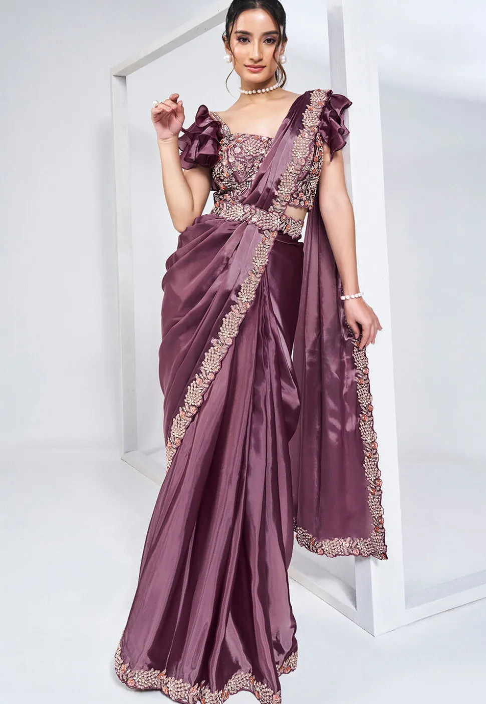 Pre Stitched Satin Silk Saree in Purple