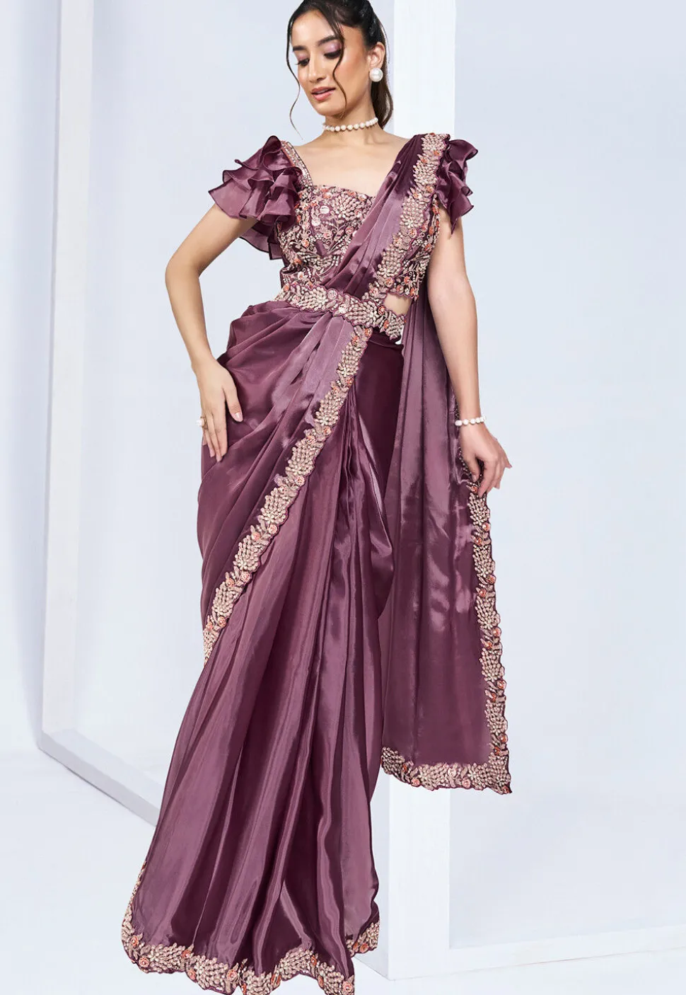 Pre Stitched Satin Silk Saree in Purple