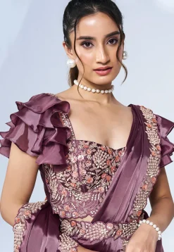 Pre Stitched Satin Silk Saree in Purple