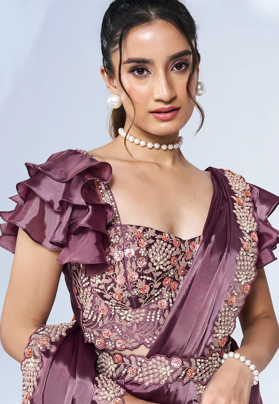 Pre Stitched Satin Silk Saree in Purple