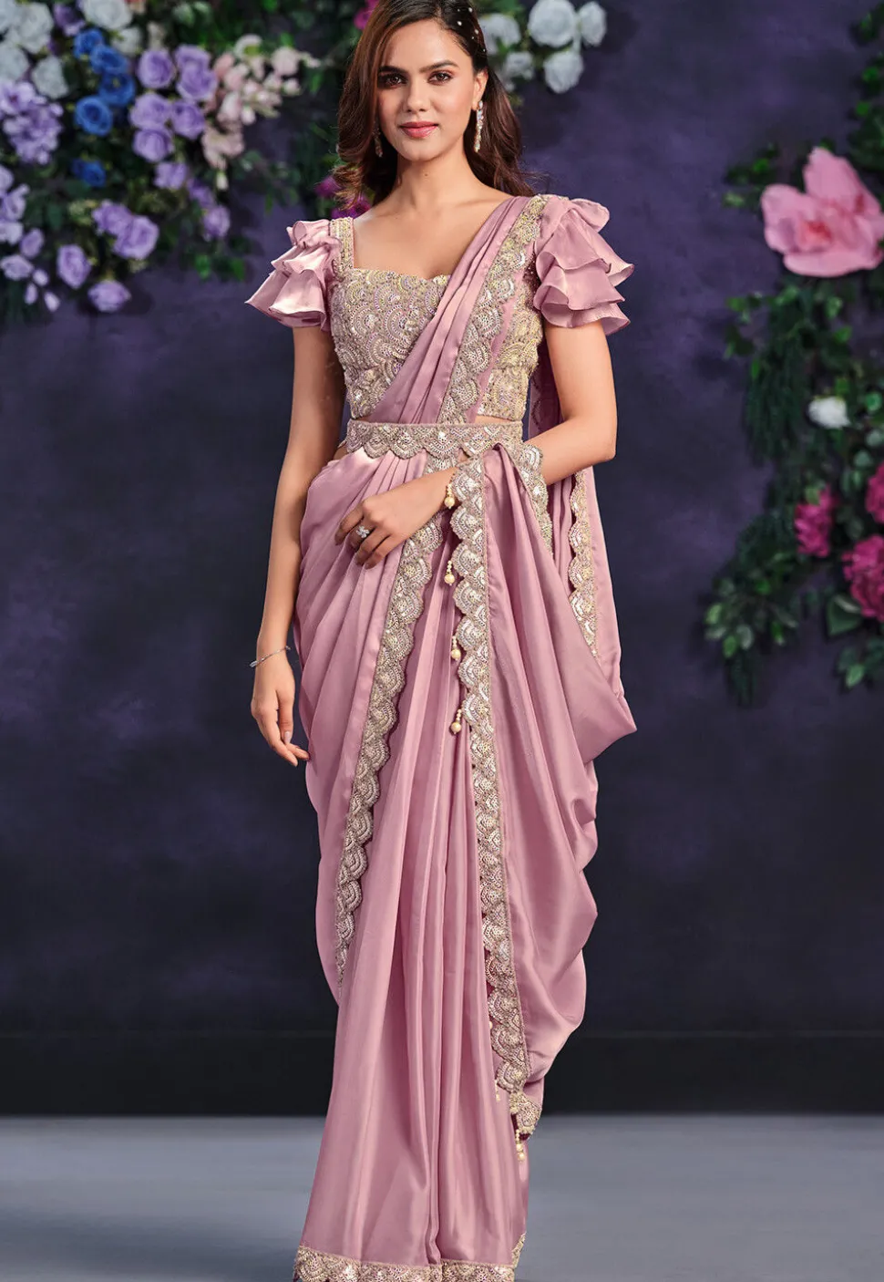 Pre Stitched Satin Silk Scalloped Sari in Pink