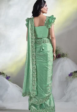 Pre Stitched Satin Silk Saree in Light Green