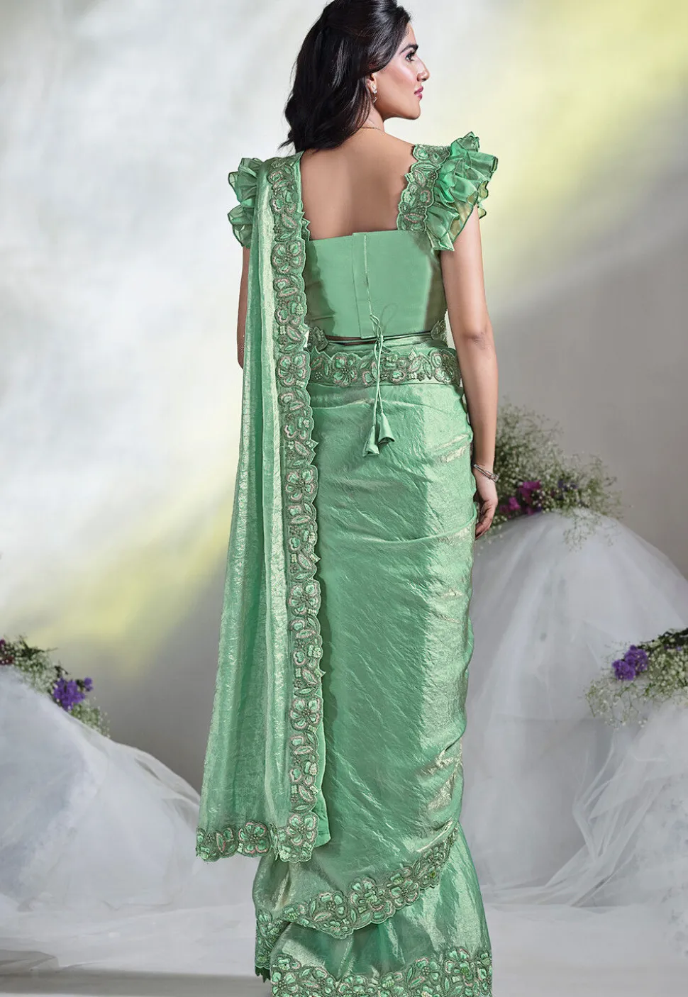 Pre Stitched Satin Silk Saree in Light Green