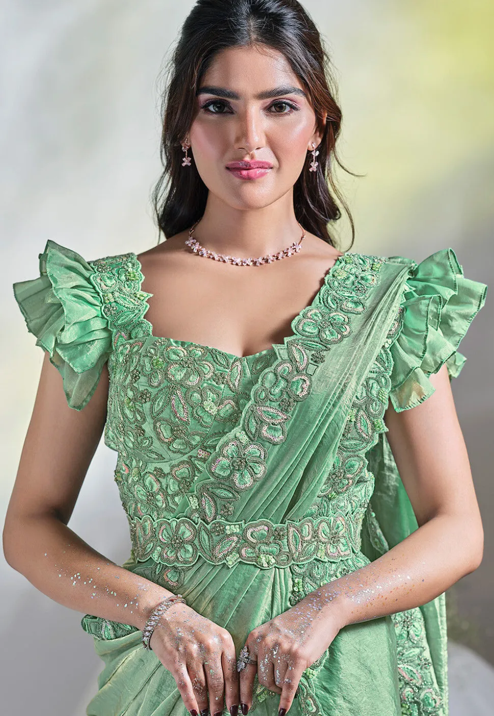 Pre Stitched Satin Silk Saree in Light Green