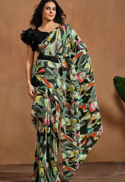 Pre Stitched Satin Silk Saree in Light Green