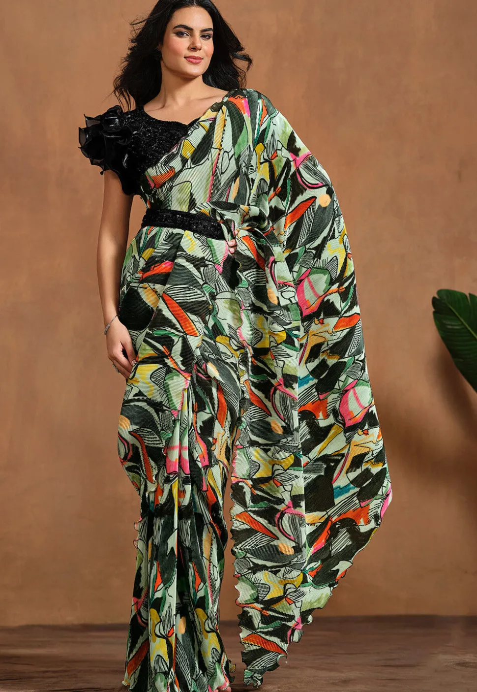 Pre Stitched Satin Silk Saree in Light Green