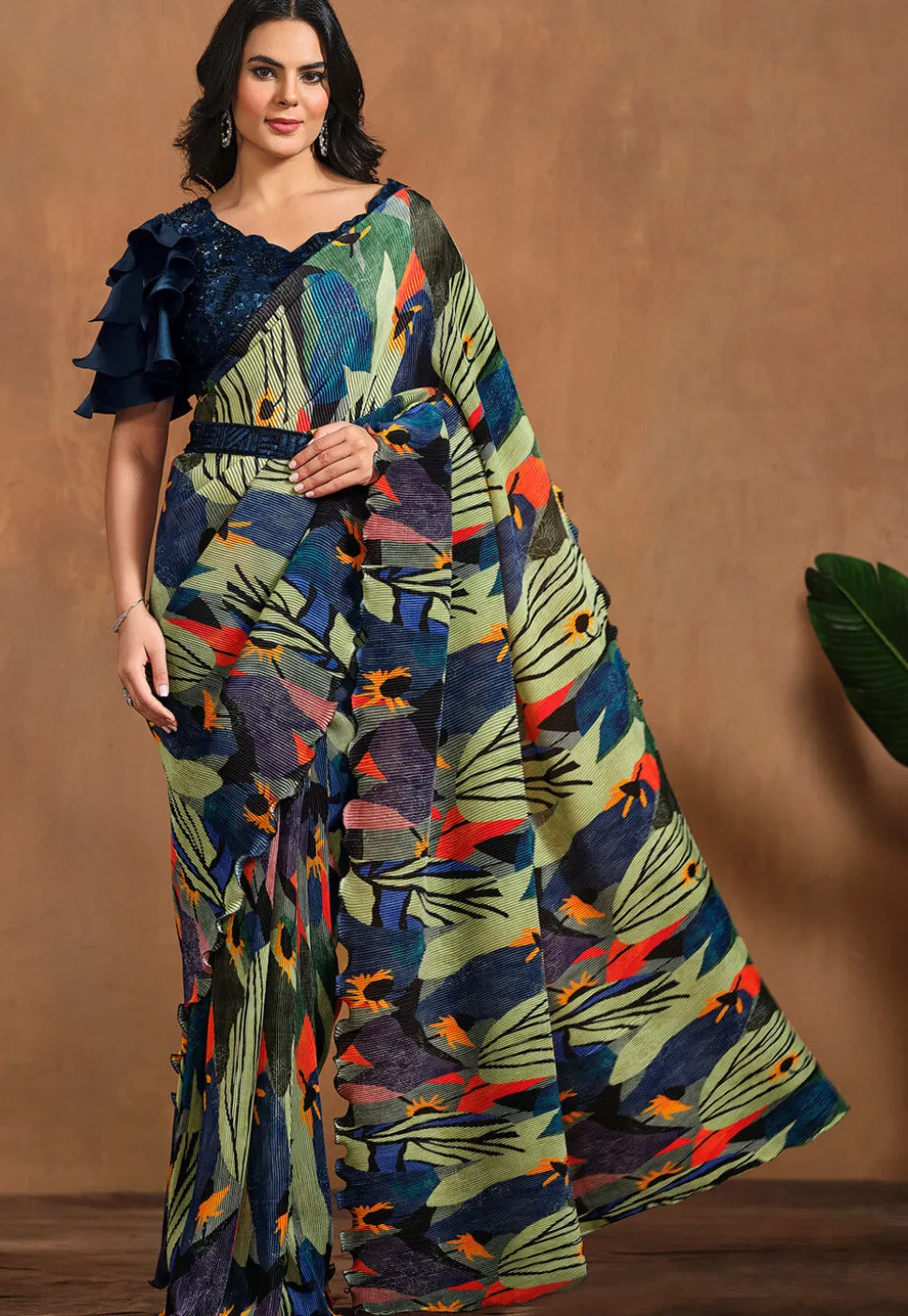 Pre Stitched Satin Silk Saree in Green and Blue