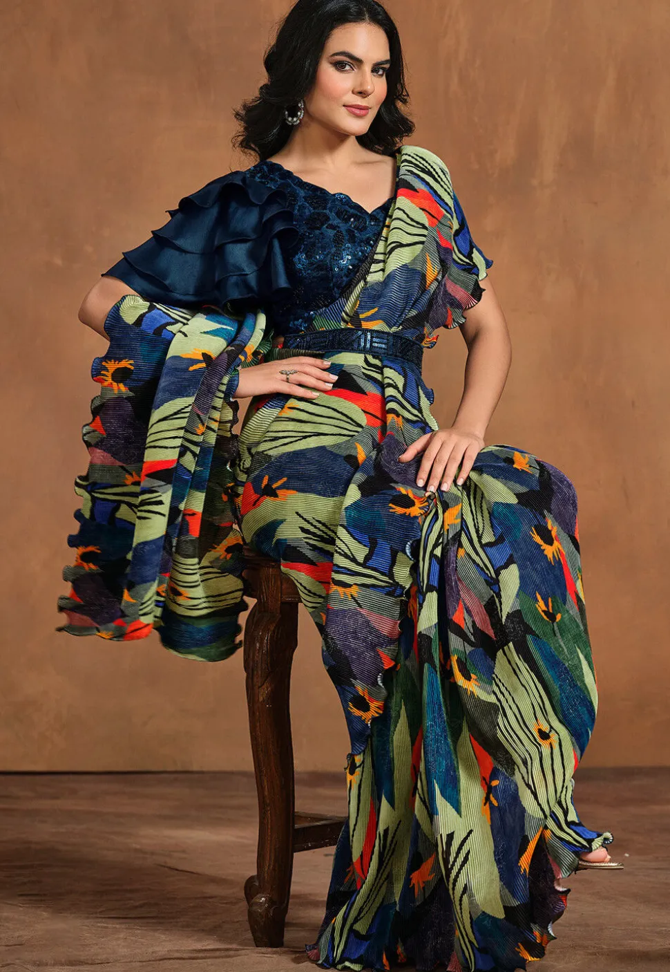 Pre Stitched Satin Silk Saree in Green and Blue