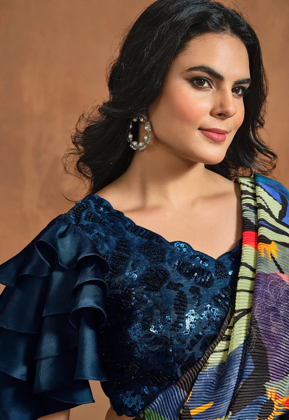 Pre Stitched Satin Silk Saree in Green and Blue