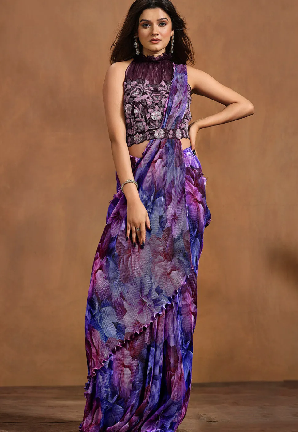 Pre Stitched Satin Silk Saree in Purple
