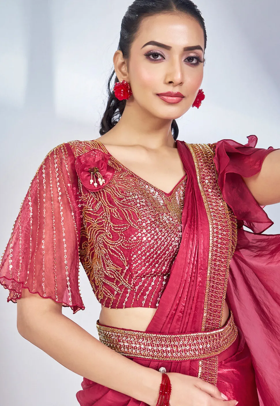 Pre Stitched Satin Silk Saree in Pink