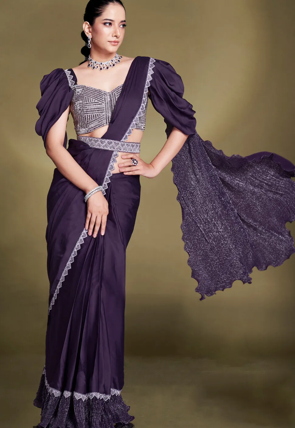 Pre Stitched Satin Silk Scalloped Saree in Purple