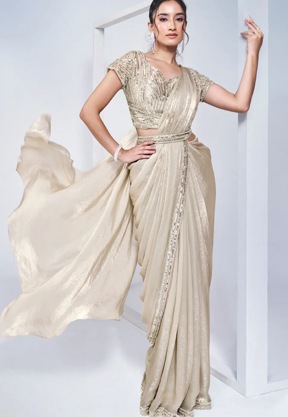 Pre Stitched Satin Silk Saree in Off White