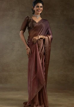Pre Stitched Satin Silk Saree in Brown