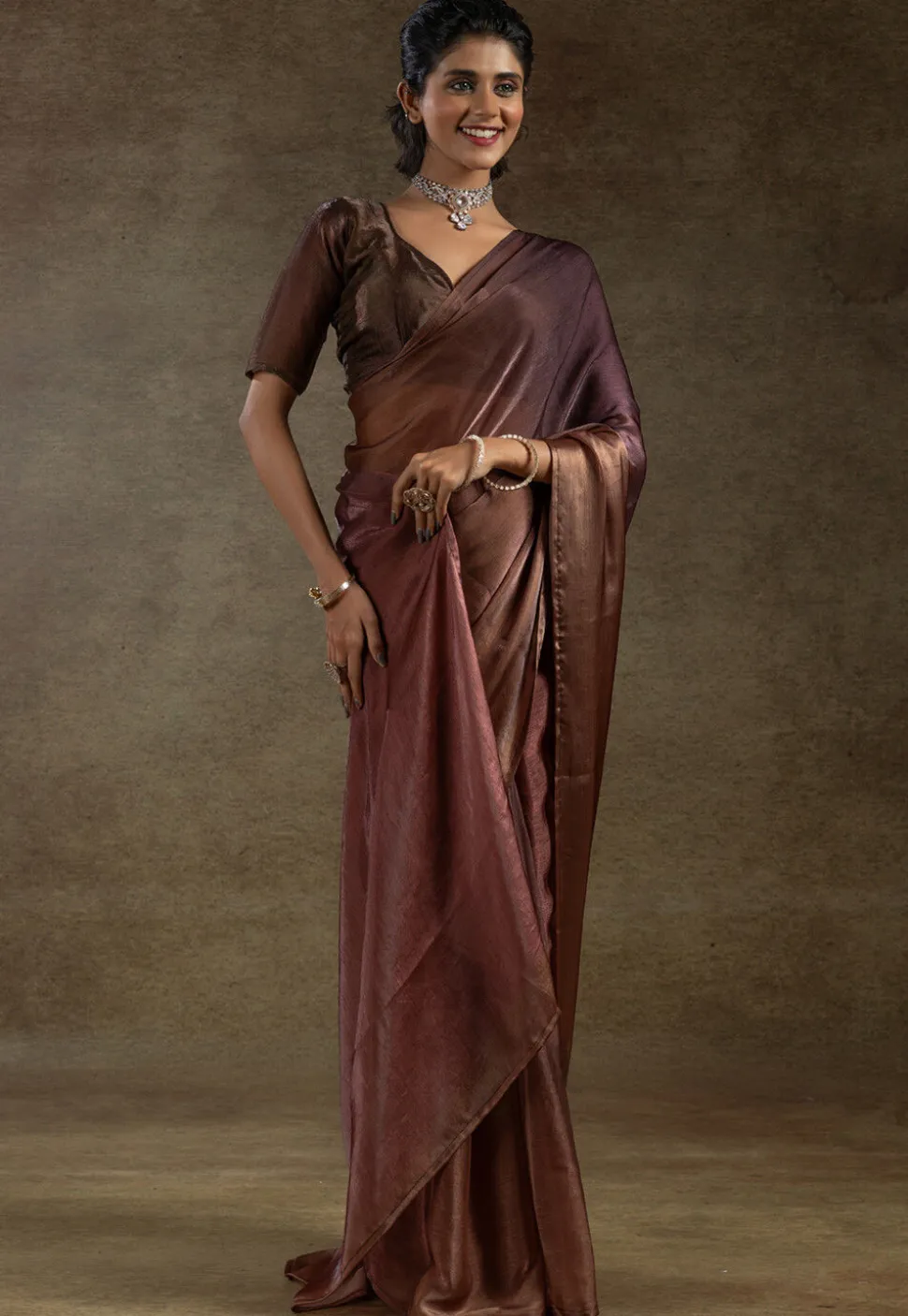 Pre Stitched Satin Silk Saree in Brown