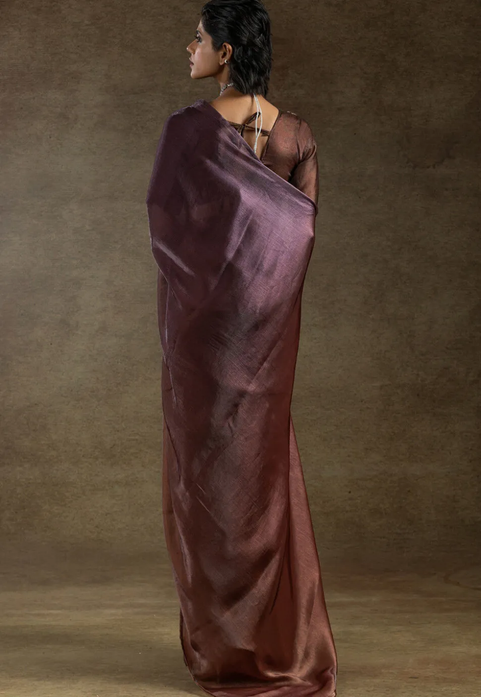 Pre Stitched Satin Silk Saree in Brown