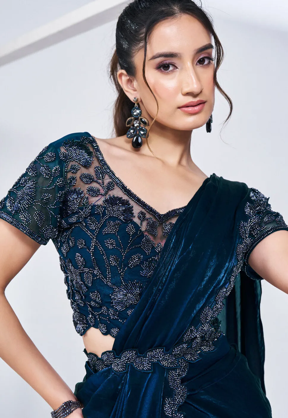 Pre Stitched Satin Silk Saree in Teal Blue