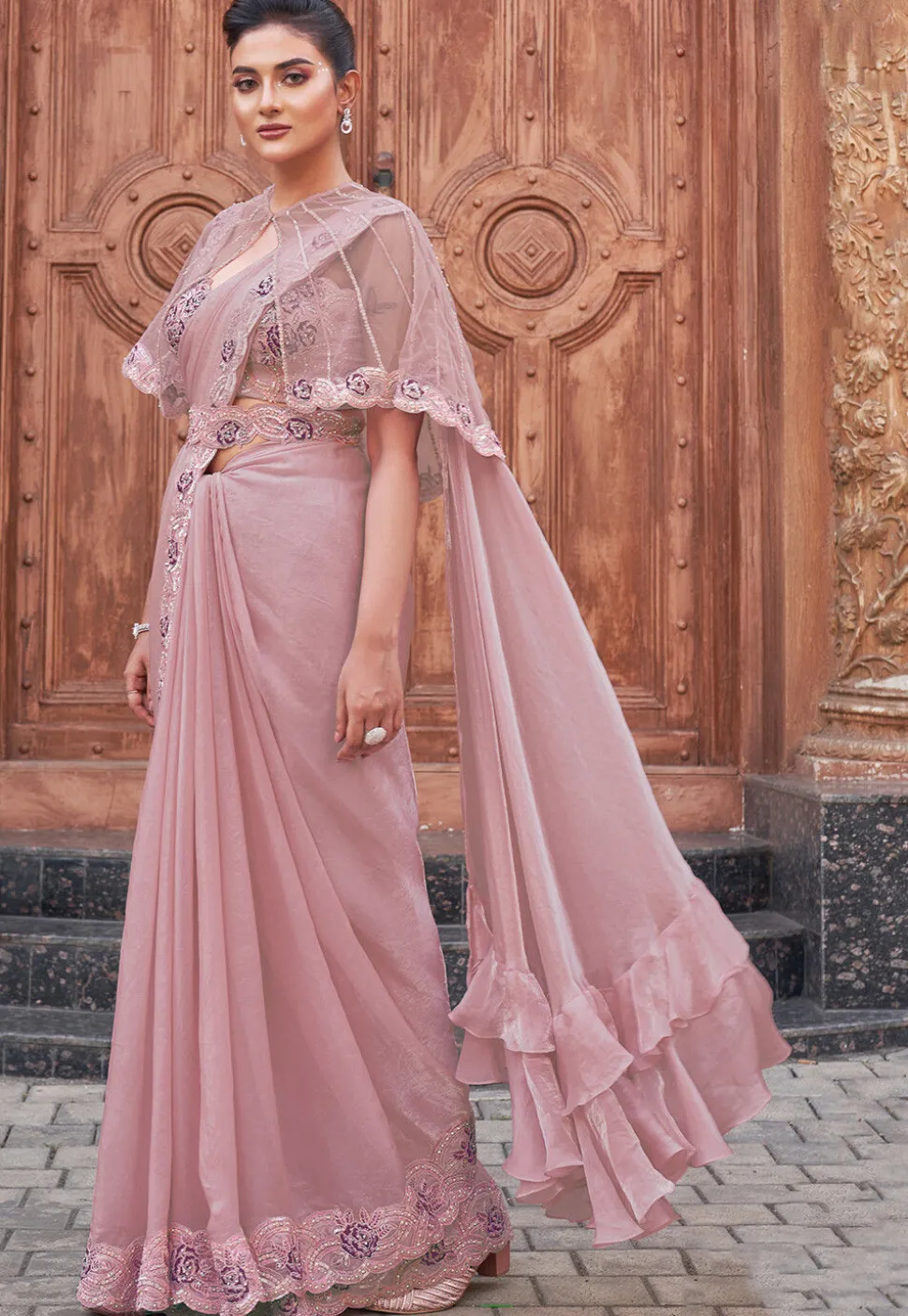 Pre Stitched Satin Silk Scalloped Saree in Pink