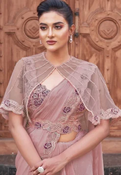 Pre Stitched Satin Silk Scalloped Saree in Pink