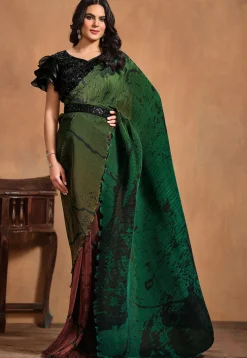 Pre Stitched Satin Silk Saree in Green