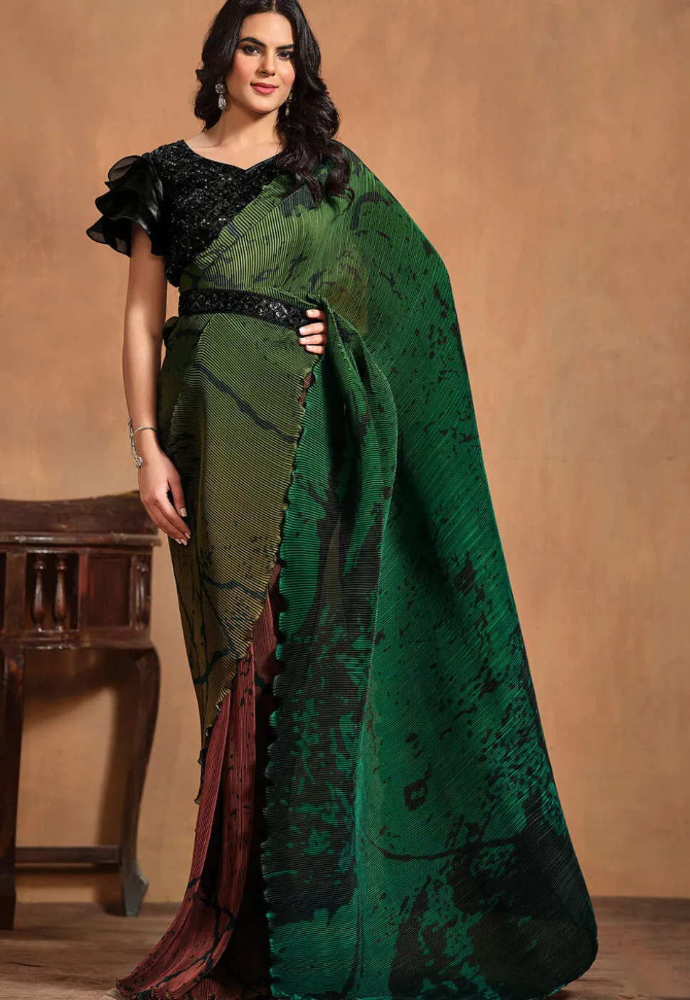 Pre Stitched Satin Silk Saree in Green