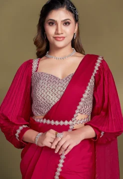 Pre Stitched Satin Silk Scalloped Saree in Red