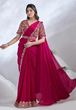Pre Stitched Satin Silk Saree in Pink