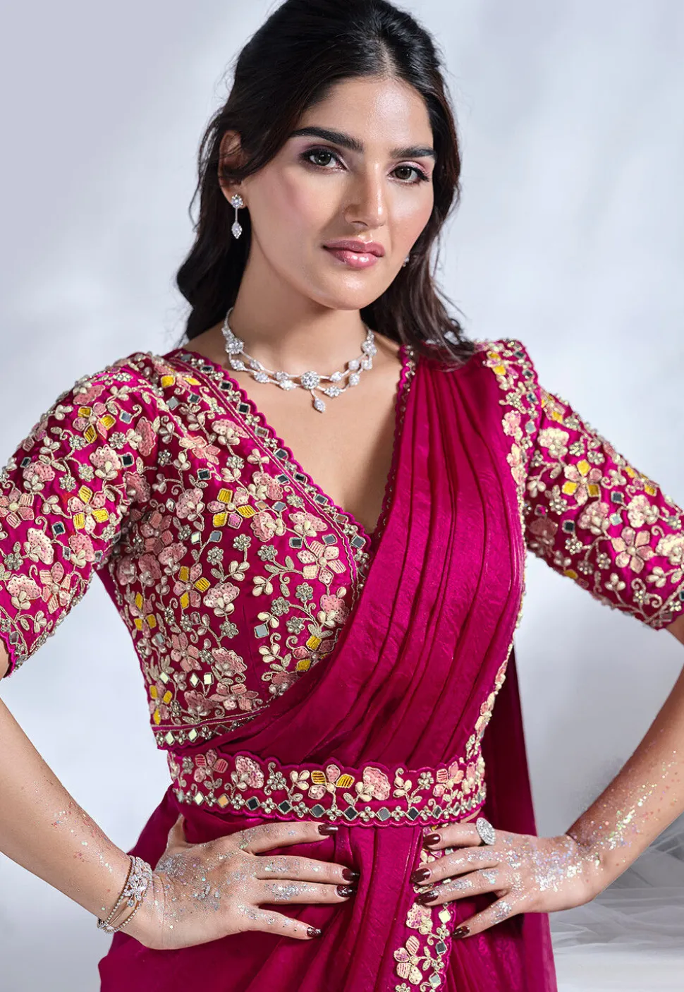 Pre Stitched Satin Silk Saree in Pink