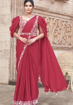 Pre Stitched Satin Silk Scalloped Saree in Pink