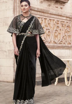 Pre Stitched Satin Silk Scalloped Saree in Black