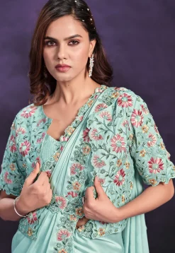 Pre Stitched Satin Silk Sari in Sea Green