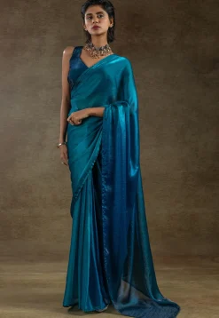 Pre Stitched Satin Silk Saree in Teal Blue