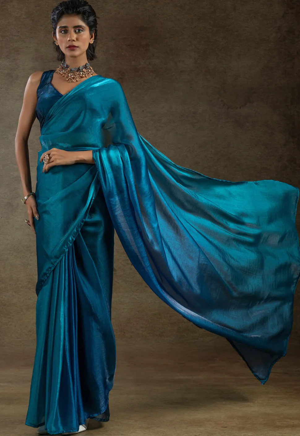 Pre Stitched Satin Silk Saree in Teal Blue