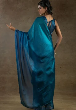 Pre Stitched Satin Silk Saree in Teal Blue