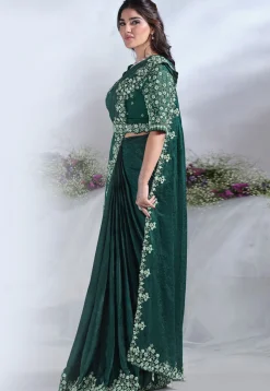 Pre Stitched Satin Silk Saree in Teal Green
