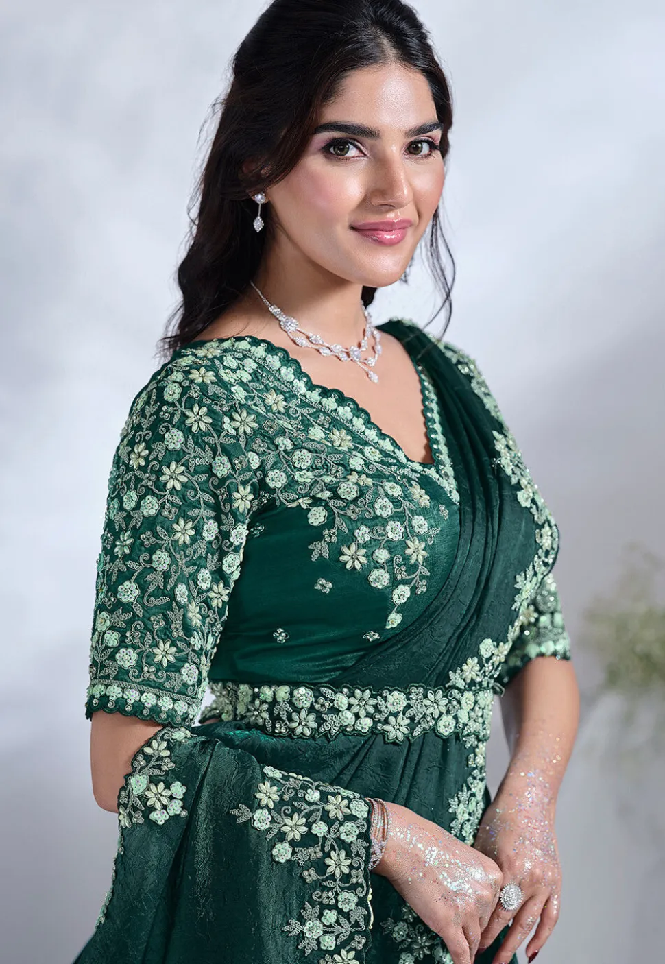 Pre Stitched Satin Silk Saree in Teal Green