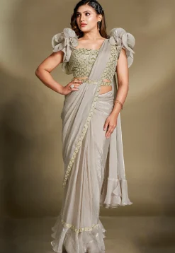 Pre Stitched Satin Silk Saree in Grey