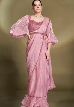 Pre Stitched Satin Silk Saree in Baby Pink