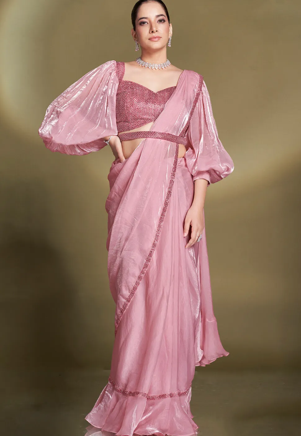 Pre Stitched Satin Silk Saree in Baby Pink