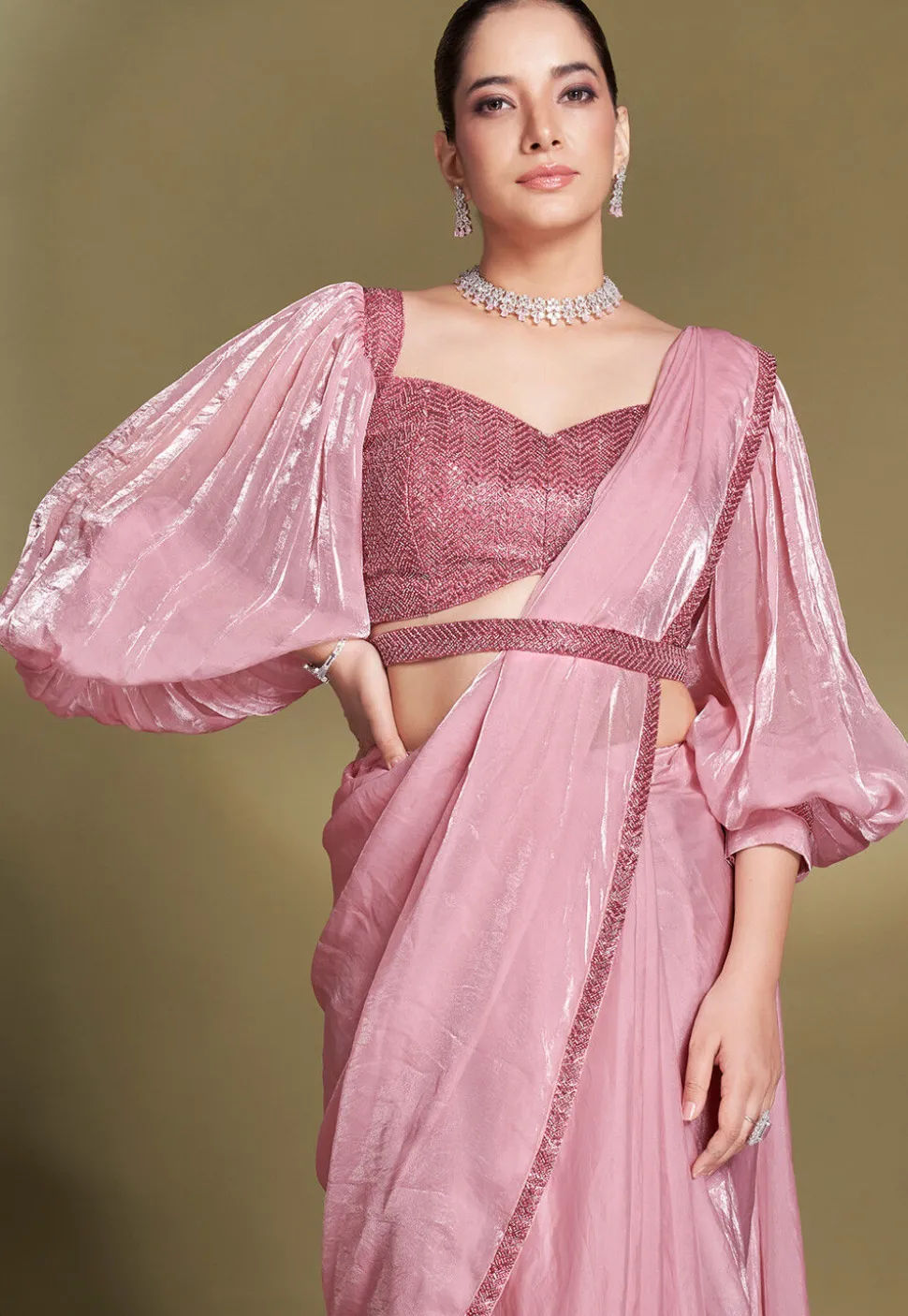 Pre Stitched Satin Silk Saree in Baby Pink