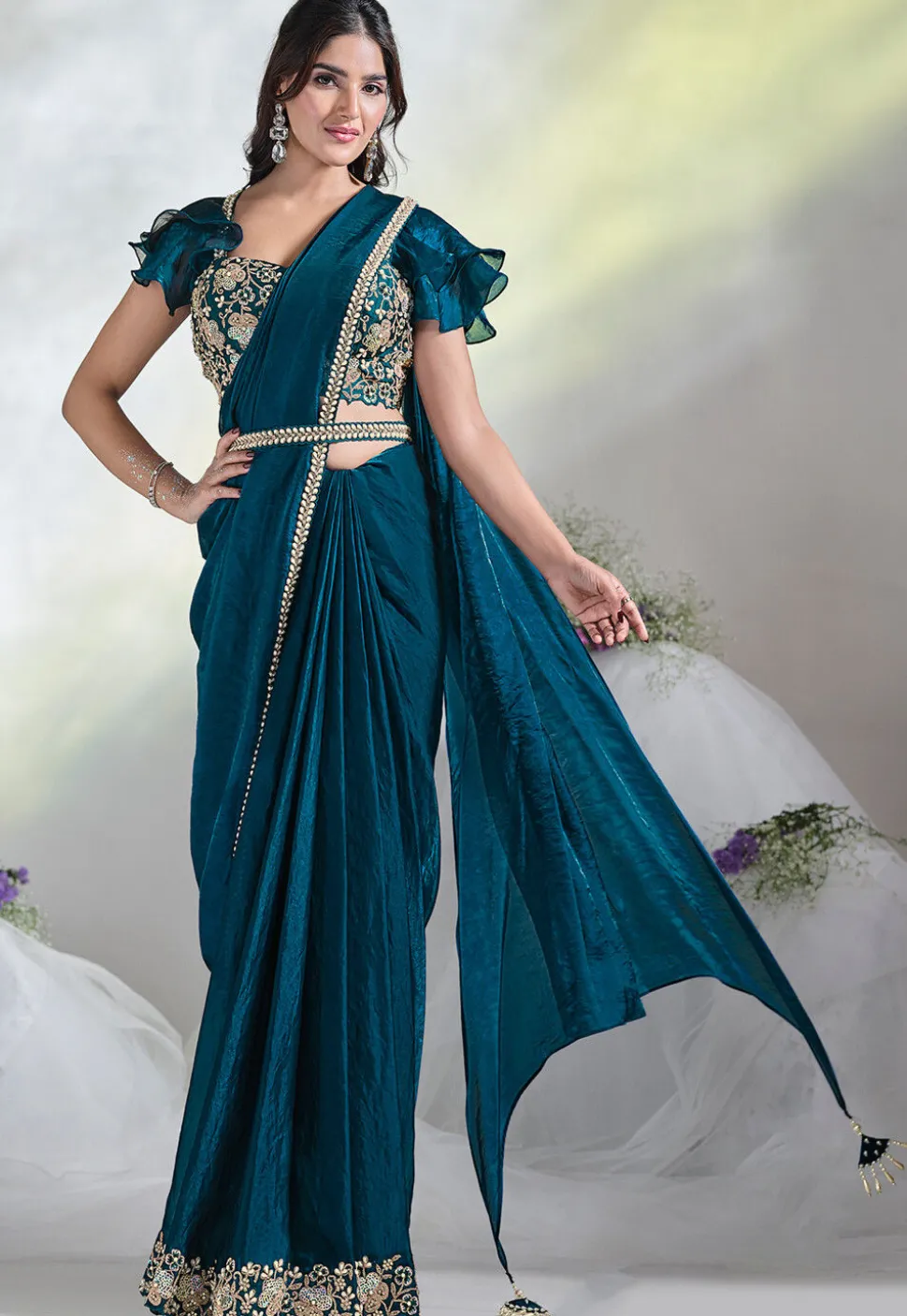 Pre Stitched Satin Silk Saree in Teal Blue