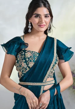 Pre Stitched Satin Silk Saree in Teal Blue