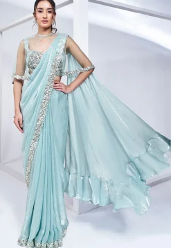 Pre Stitched Satin Silk Saree in Sky Blue