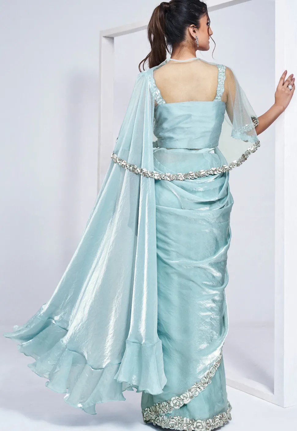 Pre Stitched Satin Silk Saree in Sky Blue