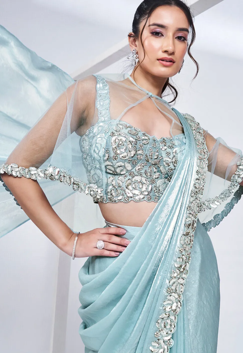 Pre Stitched Satin Silk Saree in Sky Blue