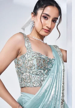 Pre Stitched Satin Silk Saree in Sky Blue