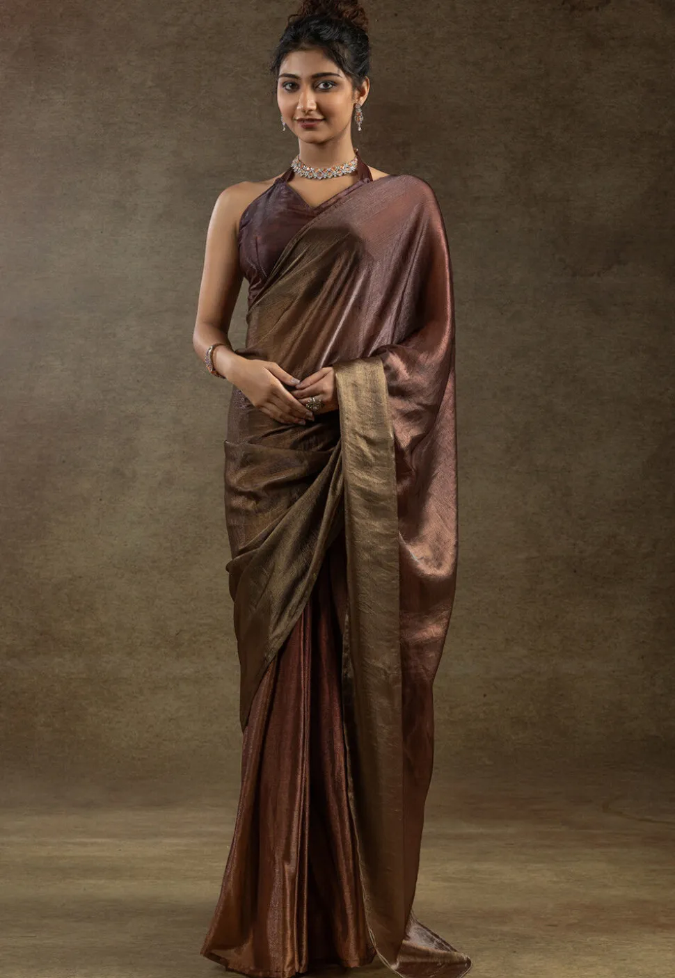 Pre Stitched Satin Silk Saree in Brown