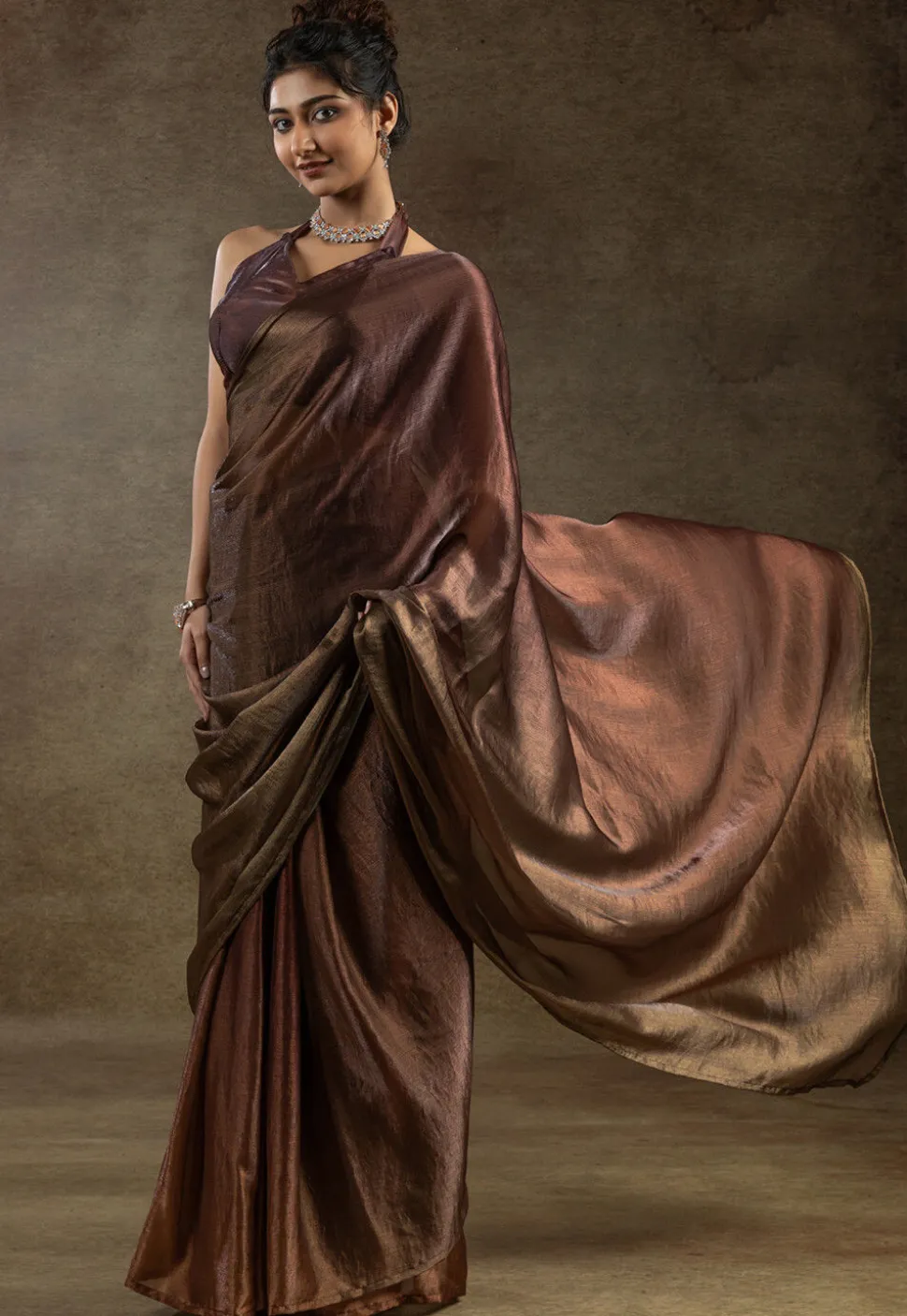 Pre Stitched Satin Silk Saree in Brown