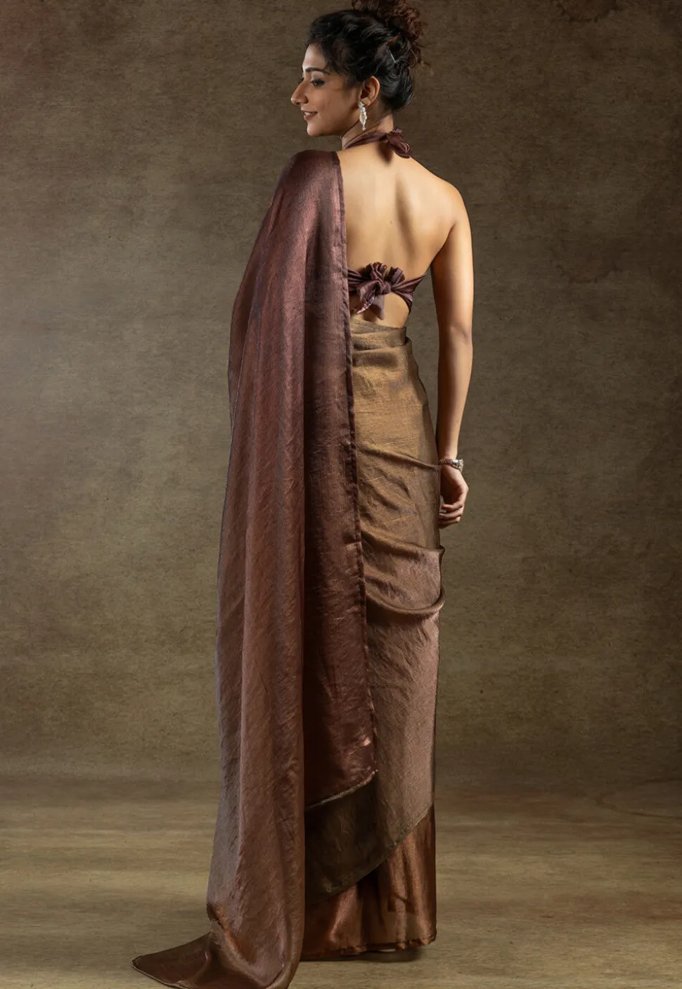 Pre Stitched Satin Silk Saree in Brown